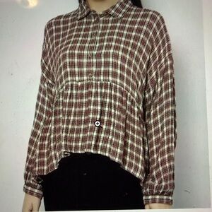 American Eagle Outfitters Red and Cream Plaid Button-Down Baby Doll Shirt Sz XS